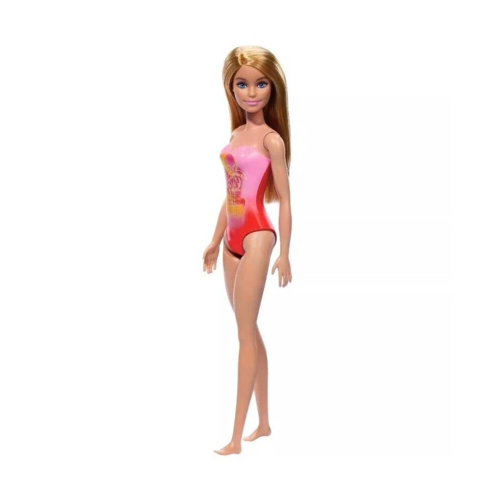 Barbie 12.7" Beach Doll Blond Hair/Blue Eyes Pink Palm Tree Print Swimsuit